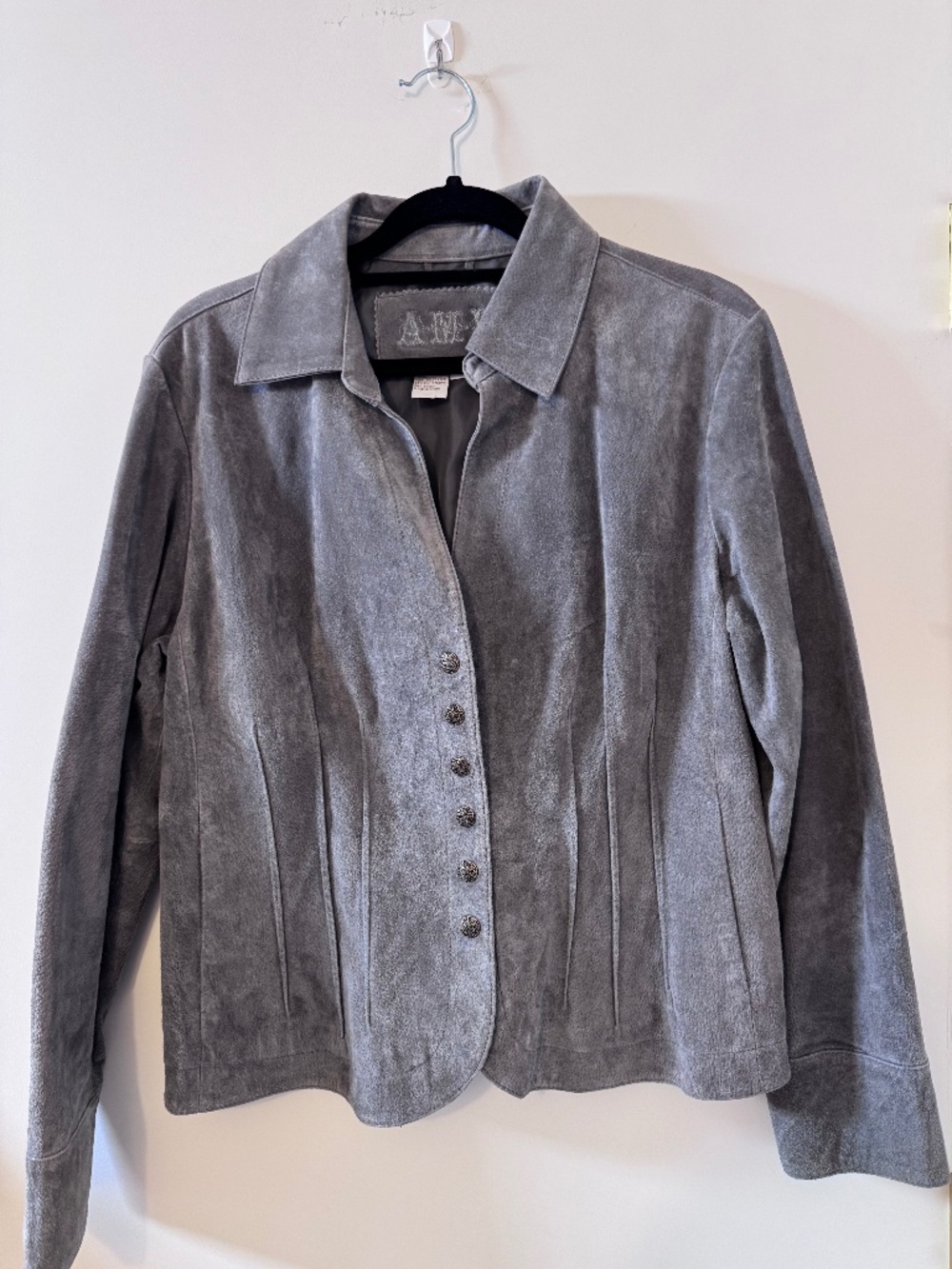 A.M.I Gray Suede Leather Jacket Womens L Fitted Snap Front